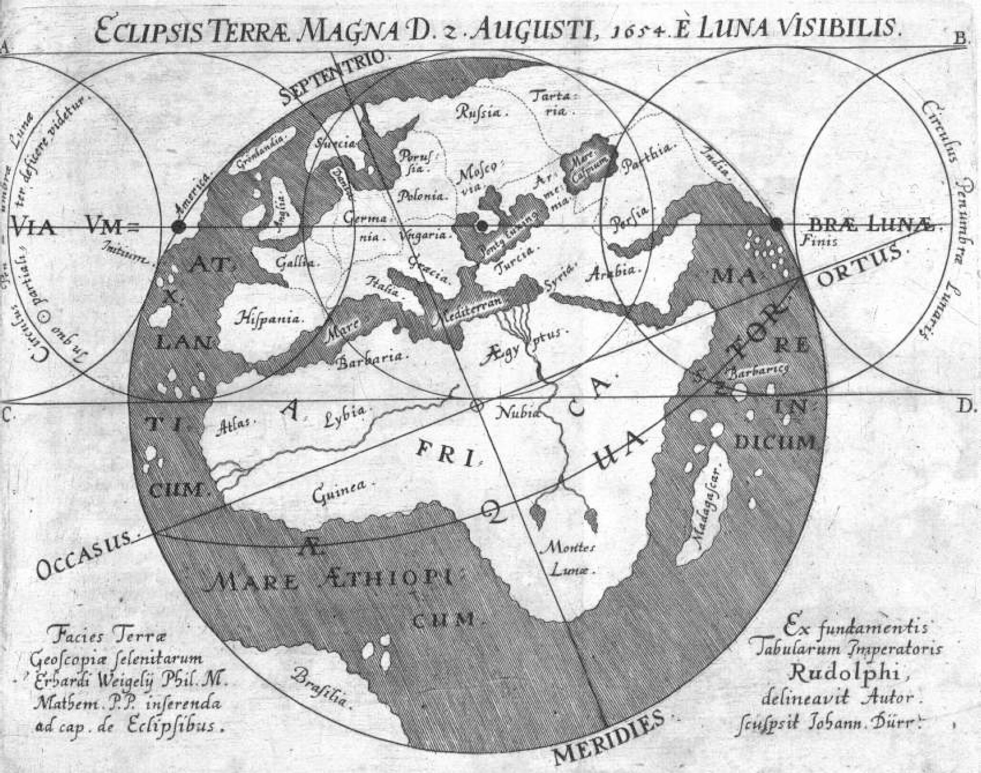 Weigels Mondschattenkarte zur Sonnenfinsternis am 2./12. August 1654